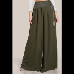 Olive green tassel tie waist super wide leg pants